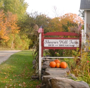 Fall foliage Shearer Hill Farm sign.